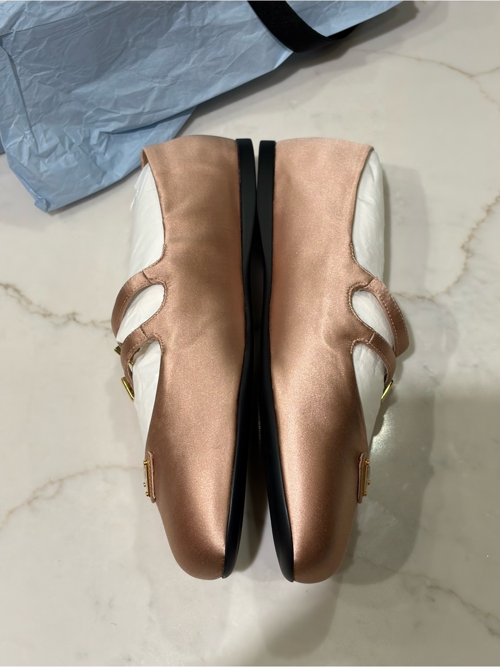 Prada Double-Strap Mary Jane Flats in Rose Gold Metallic - Picture 2 of 10